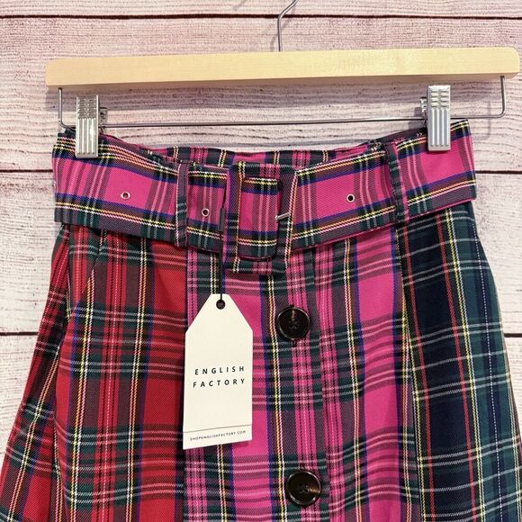 English Factory Colorblock Plaid Midi Skirt Multicolor Size XS High Waist Preppy - Picture 4 of 9